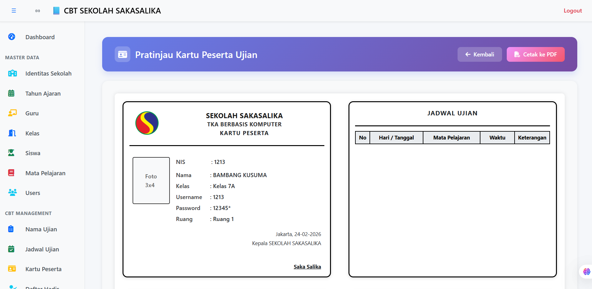 Kartu peserta ujian yang menyatu dengan jadwal