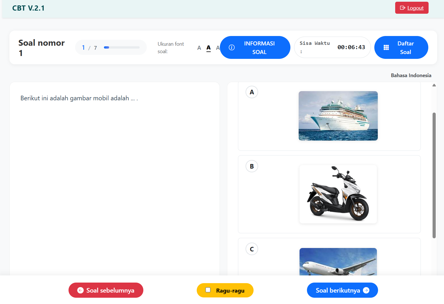 Soal maupun opsi yang bisa menampung gambar, serta tampilan dua kolom di desktop dan menyesuaikan di mobile